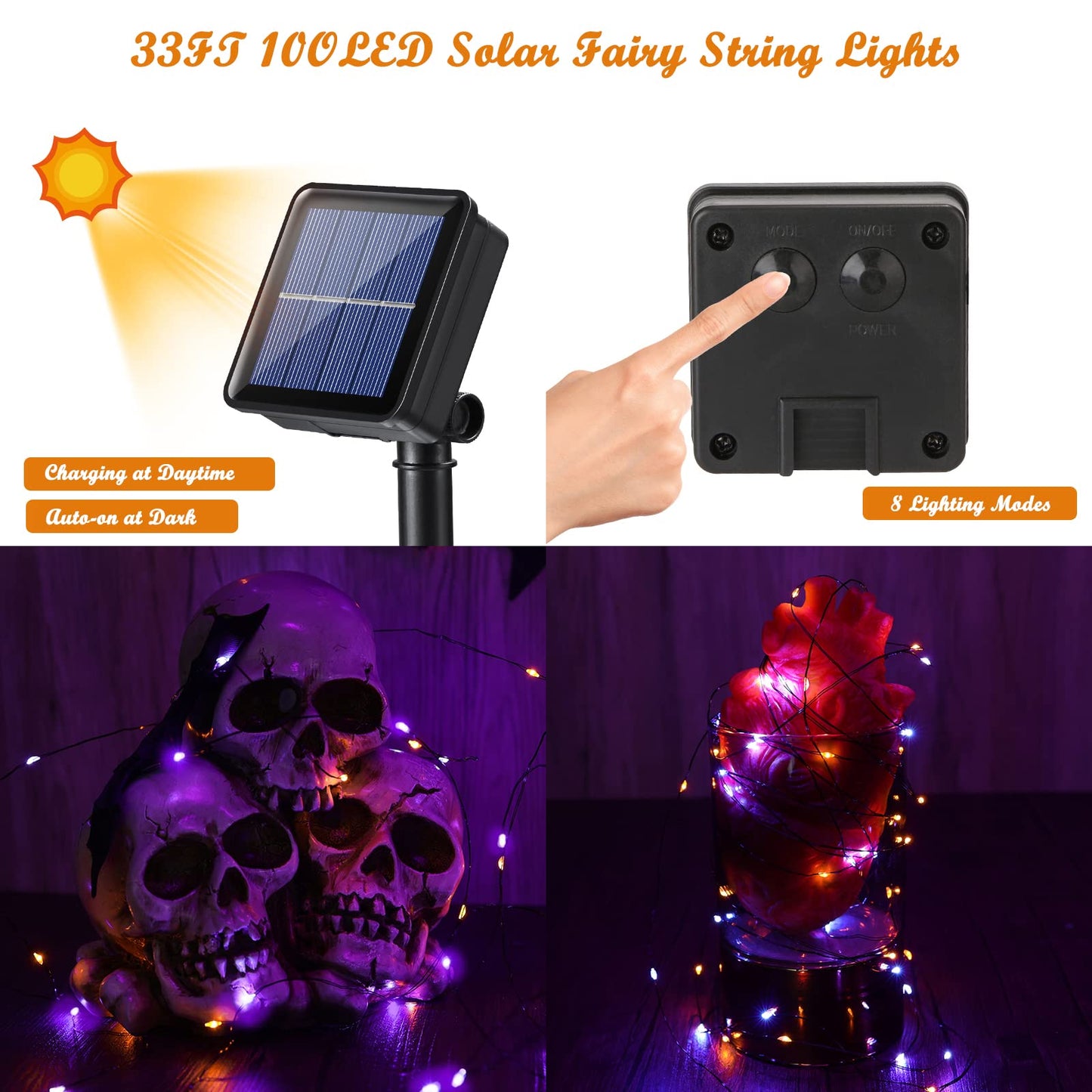 Lomotech Halloween Solar Lights 2 Pack, 66Ft 200Led Waterproof Twinkle Lights, Purple & Orange, 8 Modes For Outdoor Decoration