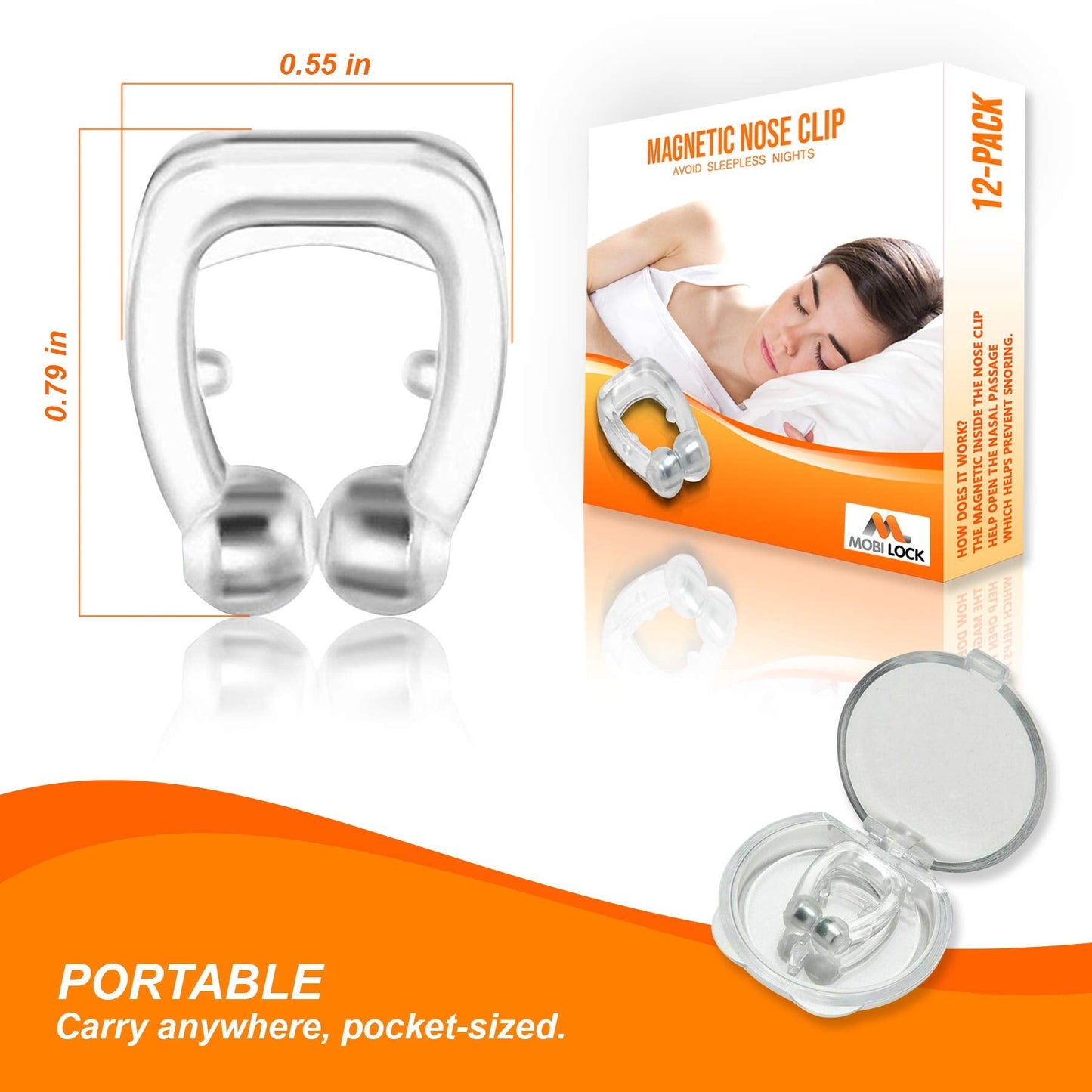 Mobi Lock Magnetic Nasal Clip (Pack of 12) - Silicone Nose Clip - A Simple Solution for Nasal Snorers - Reusable Snoring Device to Enjoy a Peaceful Night's Sleep