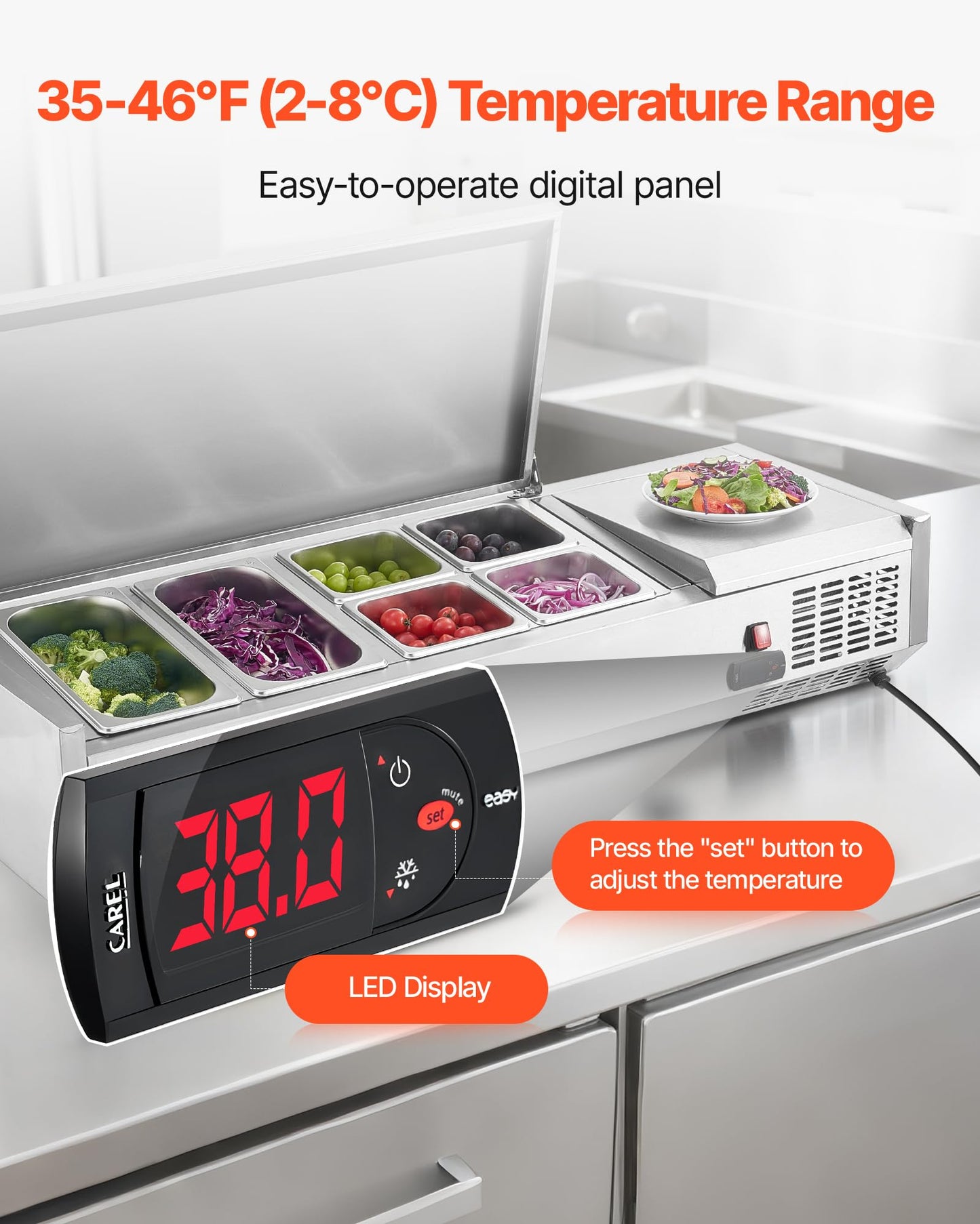 VEVOR Refrigerated Condiment Prep Station, 130 W Countertop Refrigerated Condiment Station, with Two 1/3 Pans & Four 1/6 Pans, 304 Stainless Body and PC Lid, Sandwich Prep Table with Stainless Guard