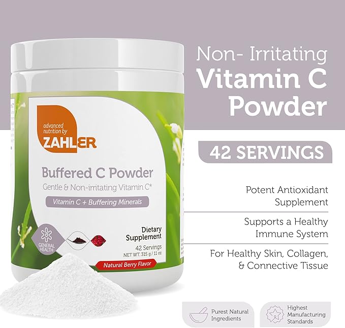 Zahler Buffered Vitamin C Powder - Ascorbic Acid Vitamin C with Calcium, Magnesium, Potassium Ascorbate Buffering Minerals - Kosher Berry Flavor Non-GMO Vitamin C Antioxidant Drink Mix - 11 Oz