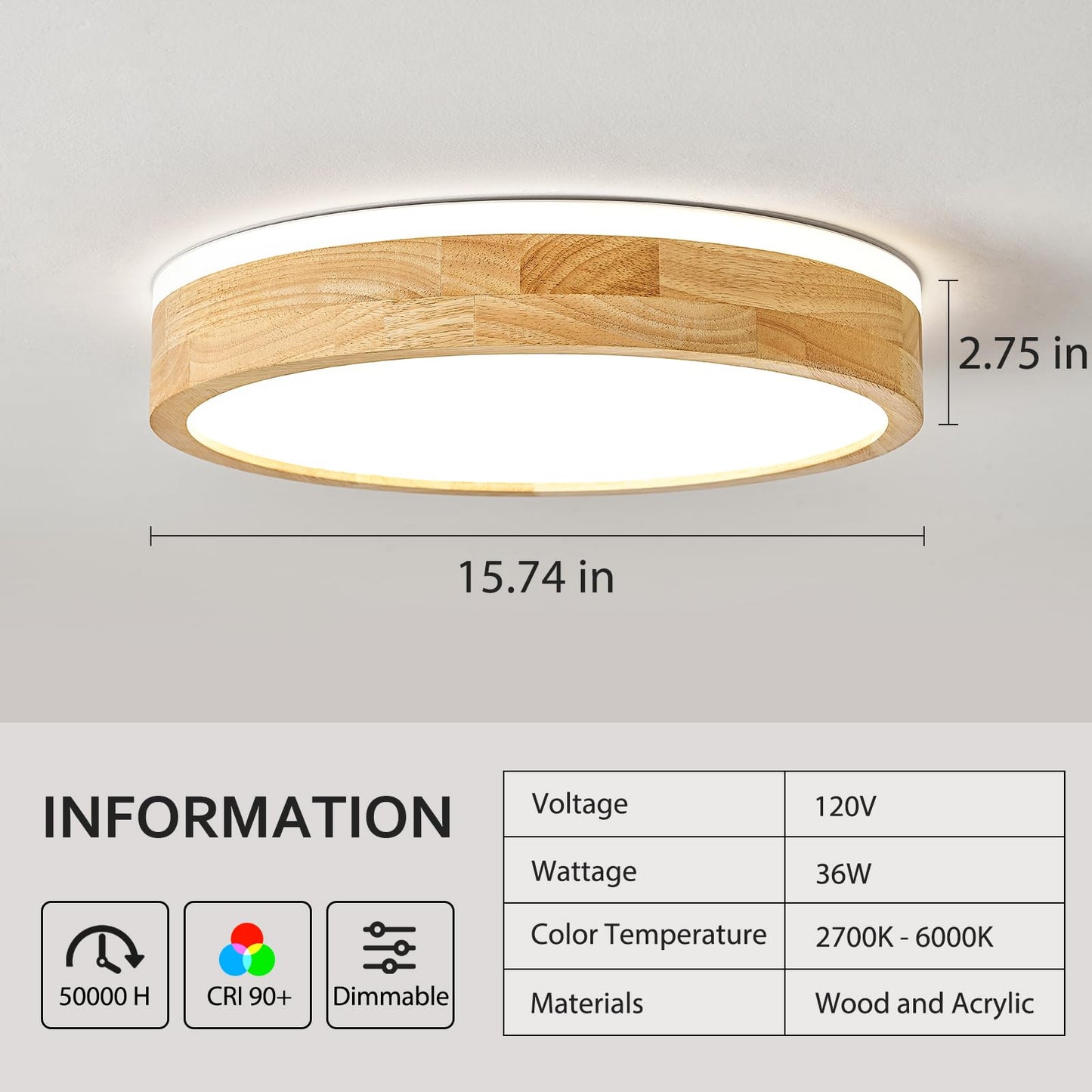 Pevfah Modern Dimmable Wood Flush Mount Ceiling Light  2700K-6000K 5Cct Round Close To Ceiling Lighting Fixtures  Minimalist Led Ceiling Lamp For Bedroom  Kitchen  Hallway  Living Room-15.74In