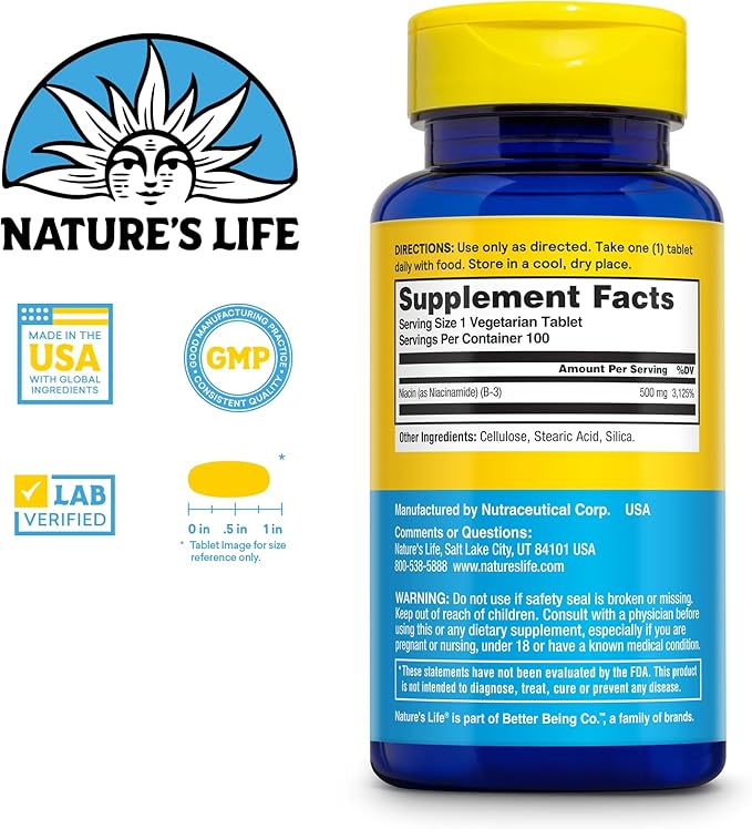 Nature's Life Energizing Niacinamide 500mg - No Flush Vitamin B 3 Niacin Supplement - Nerve Function, Metabolism and Healthy Energy Support - 60-Day Guarantee, Lab Verified, 100 Servings, 100 Tablets