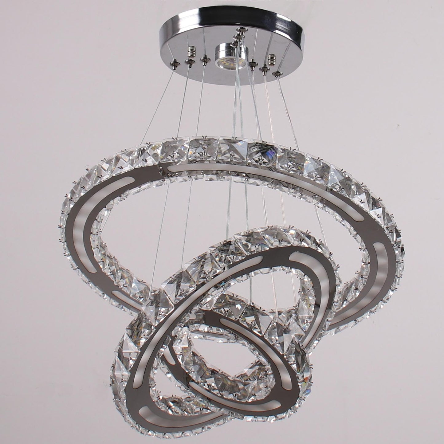 CXGLEAMING Modern LED Chandelier 3 Rings Adjustable Crystal Pendant Light 180mm Base White Light 153 Crystals