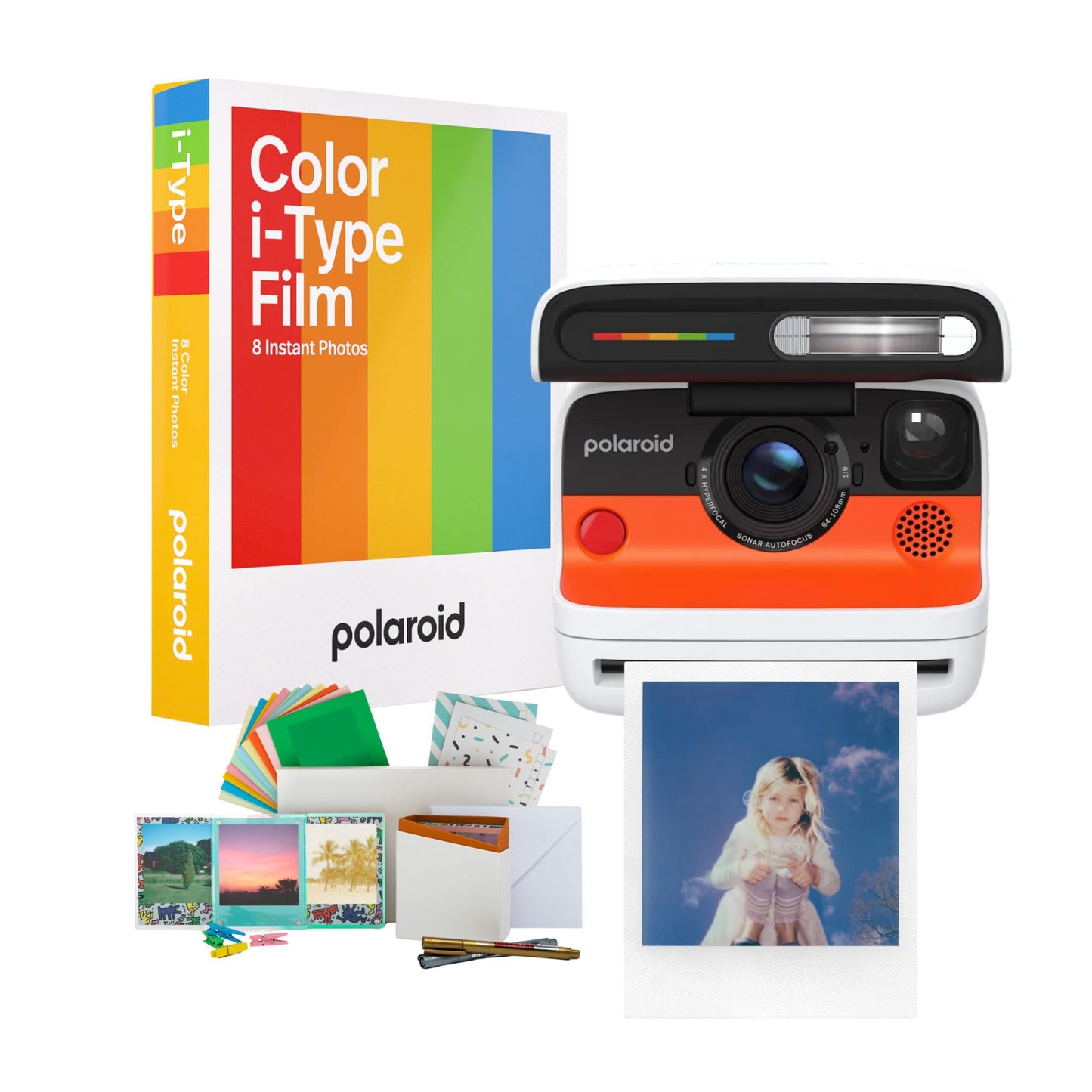 Polaroid Flip Instant Camera With Sonar Autofocus, Retro Design (White) Bundle With Color Film And Film Kit (3 Items)