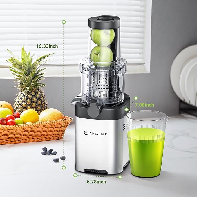 AMZCHEF Cold Press Juicer, 3.1" Juicer Machines with Large Feed Chute for Whole Fruits & Vegetables, Stainless Steel Juice Extractor with Large Auger, Dual Strainers, Easy Cleanup & Assembly