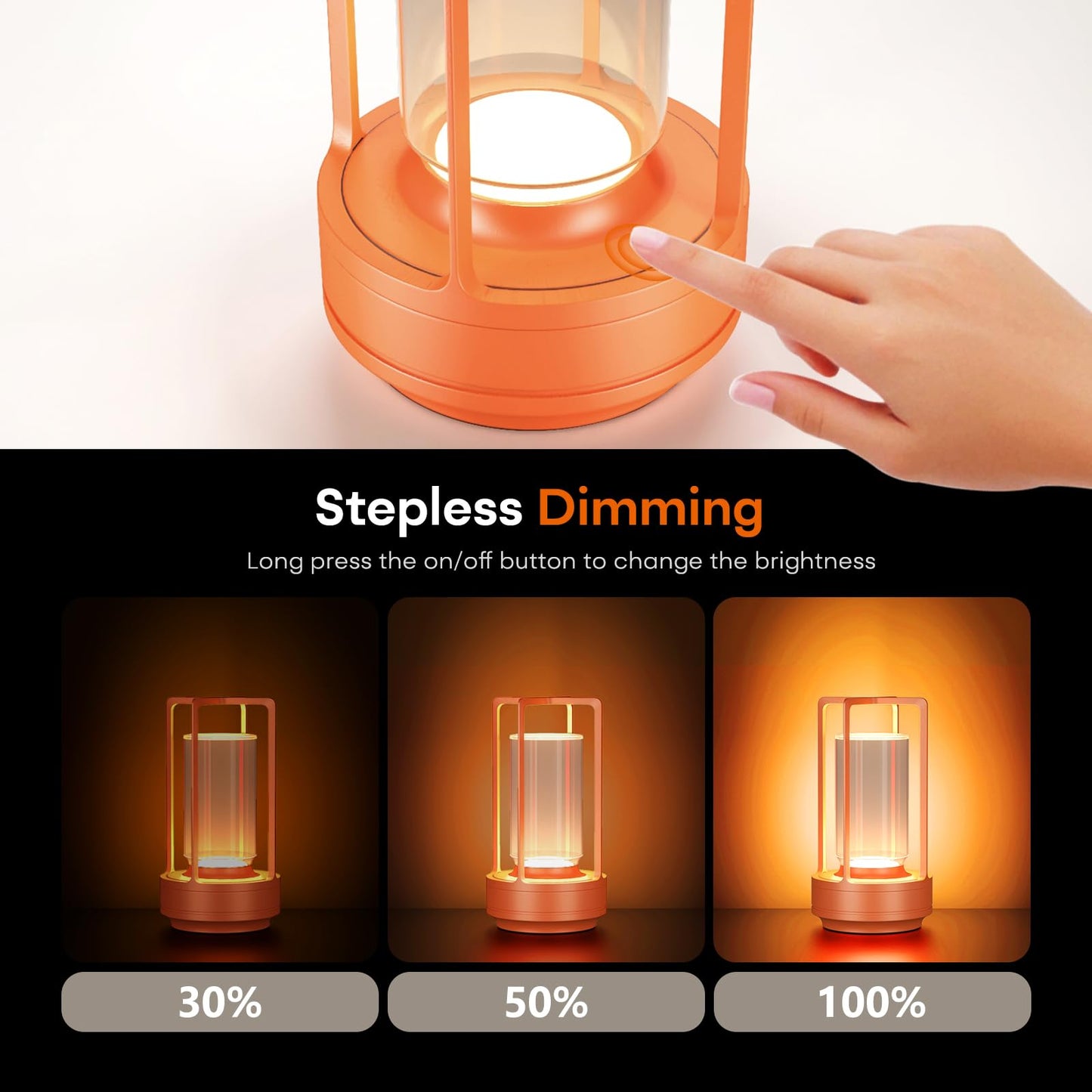 HAPYGI Portable Metal Table Lamp - Rechargeable LED, 3-Colour Dimming, Battery Powered, Set of 2, Orange