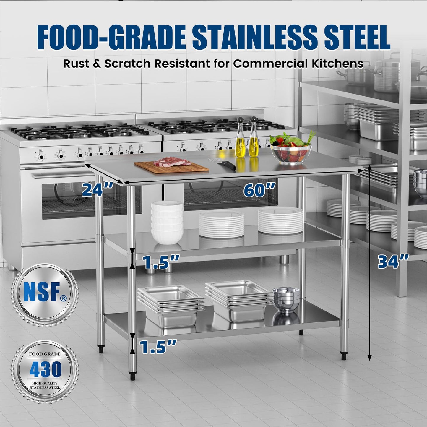 Chingoo Stainless Steel Work Table 24x60 Inch with 2 Adjustable Undershelves & Backsplash, Heavy-Duty Prep Table for Commercial Kitchen, Restaurant, Garage, Outdoor