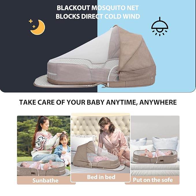 Portable Bassinet for Baby Travel Lounger Foldable Baby Co-Sleeping Bed with Mosquito net + Cool mat Carry Bag & Storage Pocket (Khaki)