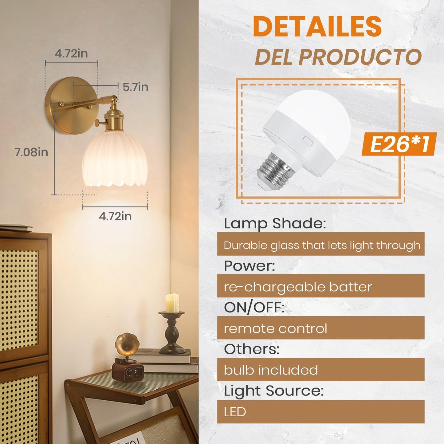 EIDEARAY Battery Operated Wall Sconce, Vintage Glass Tulip Lampshade, Rechargeable with Remote Control, Milky White, Model YLC-BRO3TB