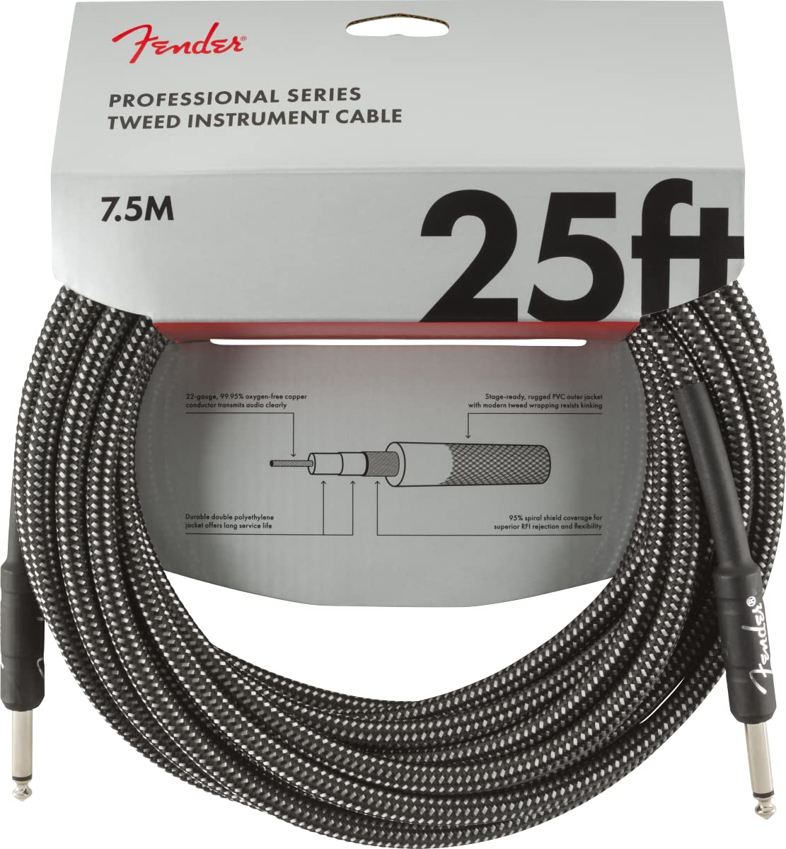 Fender Professional Series Tweed Instrument Cable, Guitar Cable, Guitar Accessories, Straight/Straight, Gray, 25Ft