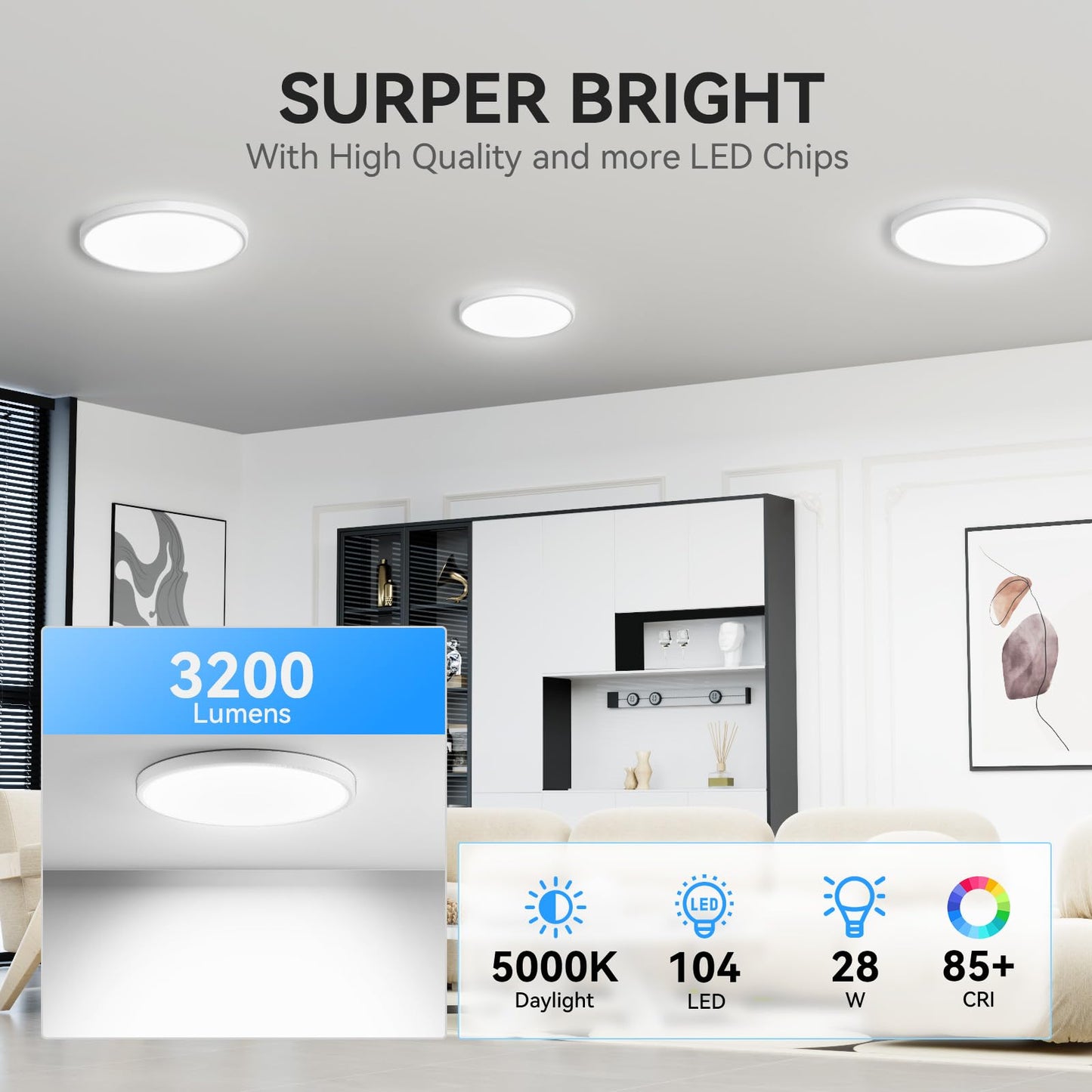 Wkoncldy Led Flush Mount Ceiling Light, 3200Lm, 12In, 5000K, White, 8 Pack