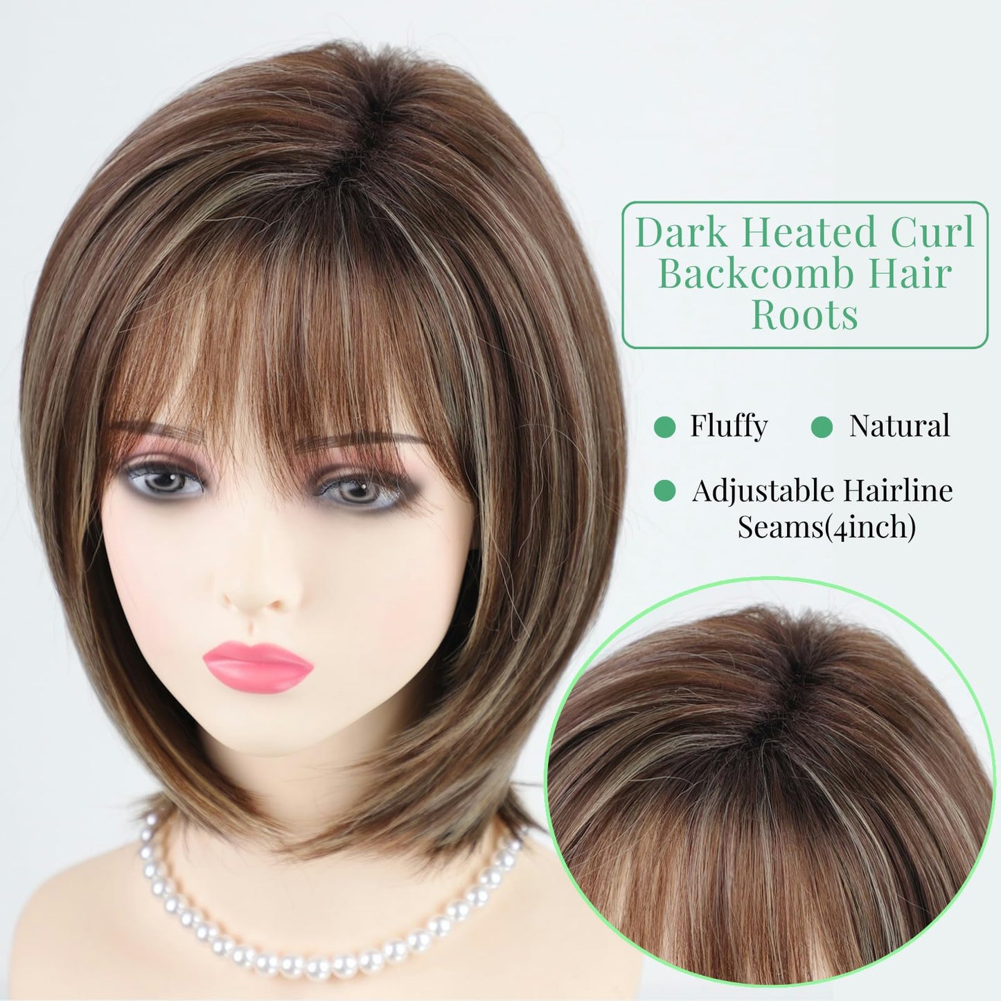 RENERSHOW Ombre Brown with Blonde Highlights Layered Bob Wig with Bangs Medium Length Straight Bob Wigs for Women 12inch Synthet