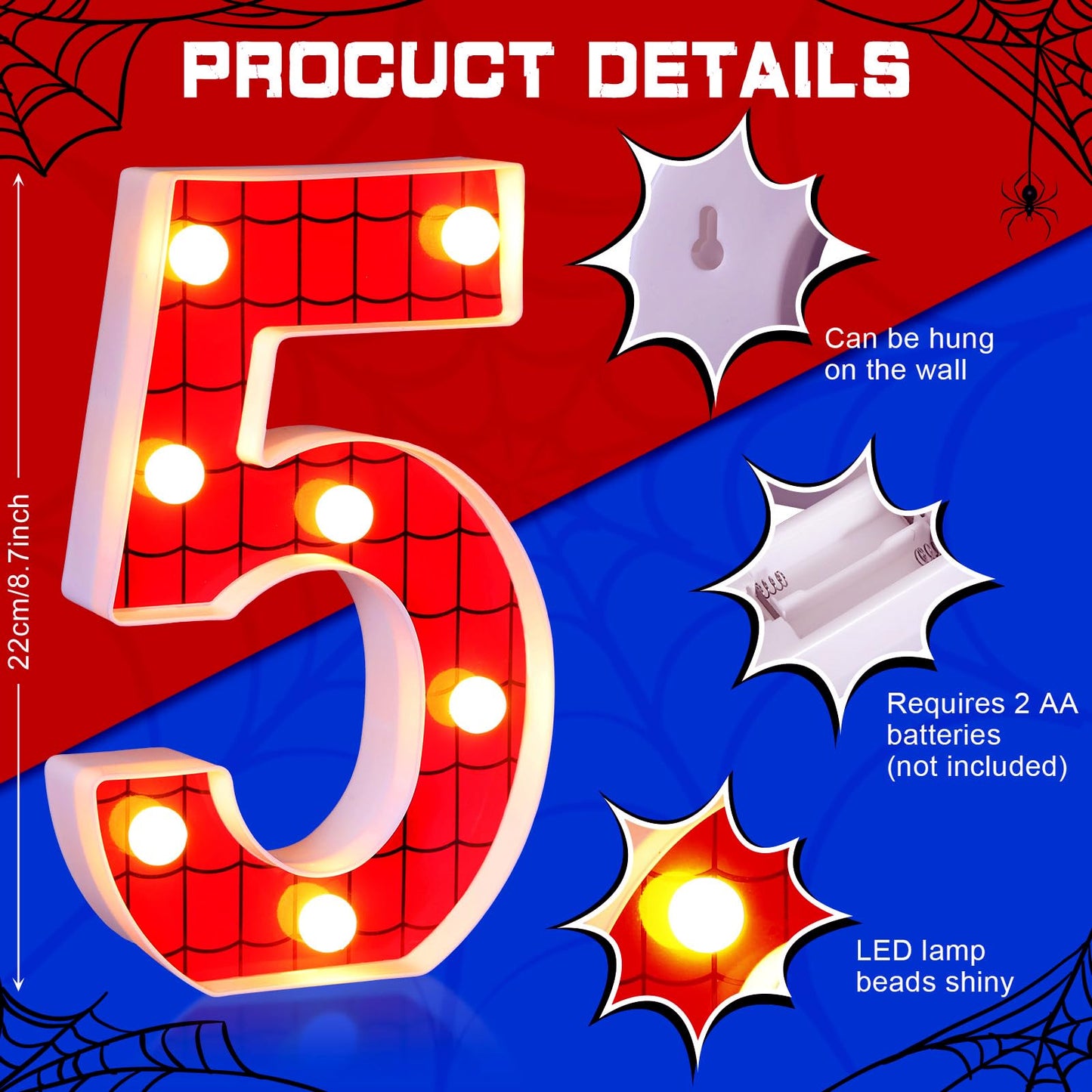 Vihose Spider Led Number Lights Spider Birthday Party Decoration Light Up Numbers Kids Boy Man Birthday Supplies For Marquee Night Christmas Gift Baby Shower(Number 5)