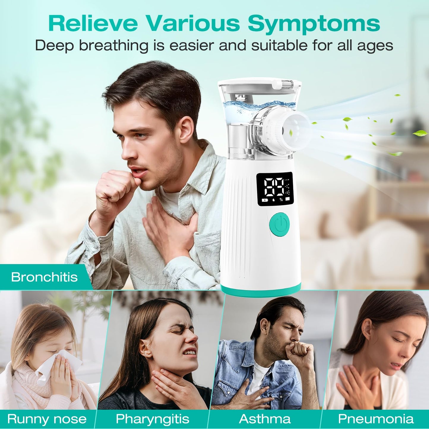 Portable Nebulizer, Mesh Nebulizer for Adults and Kids with Smart LED Display, 3 Modes & Auto-Cleaning for Home and Travel Use
