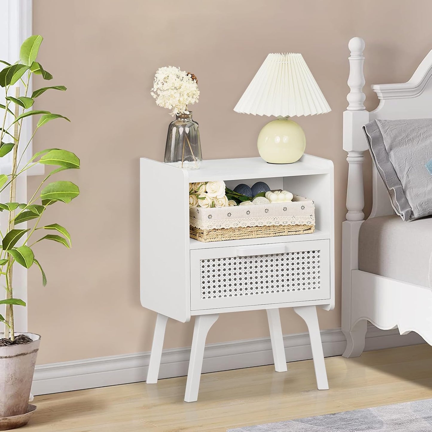 Lerliuo Rattan Nightstand, Side Table with Drawer Open Shelf, Cane Accent Bedside End Table with Solid Wood Legs, Mid Century Modern Night Stand for Bedroom, Dorm and Small Spaces (White)
