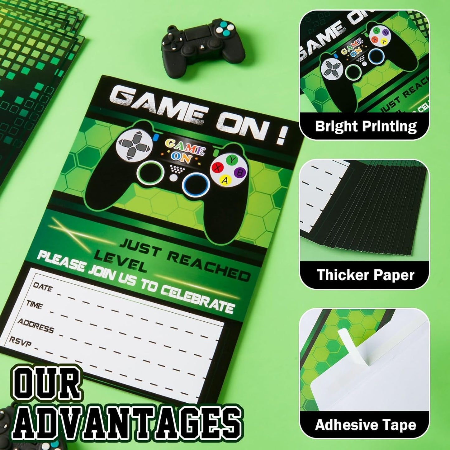 WERNNSAI 20 Set Video Game Birthday Party Invitation with Envelopes-Green Game Party Invites for Boys Gaming Theme Party Supplies Double-Sided Printed Invitation Cards for Baby Shower Celebration