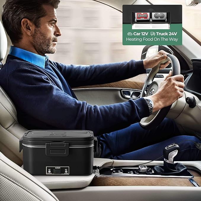 Electric Lunch Box for Adults 1.8L-80W Heated Lunch Box Food Warmer, ON/OFF Power Switch 12/24V/110V,Car, Truck, Work, Travel(Black) 1.8L Portable Fast Heating lunch box for men，