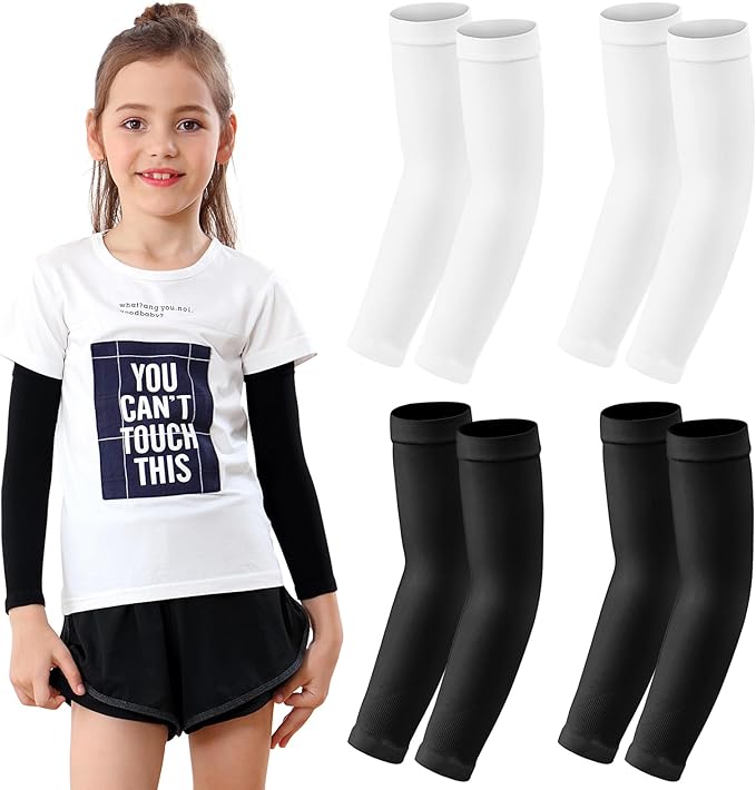 Newbyinn Kid Arm Sleeve 4 Pairs, Compression Arm Sleeve for Basketball Football Baseball Volleyball Youth Boy Girl Sports