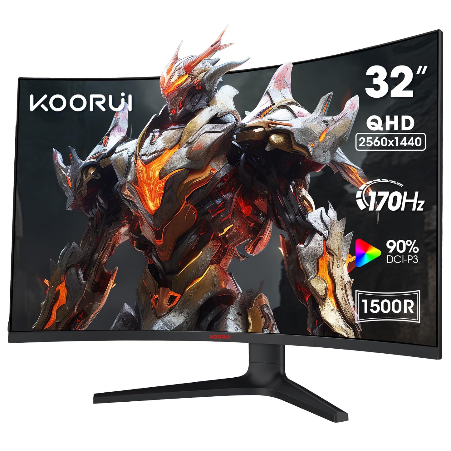 KOORUI 32 Inch Curved Gaming Monitor 170Hz QHD Computer Monitor, 1500R 1ms Display, Adaptive Sync, 90% DCI-P3 HDR10, HDMI&DP, VESA Compatible, Tilt Adjustable, Black