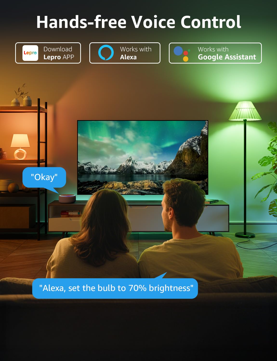 Lepro B1 AI Smart Light Bulbs - WiFi & Bluetooth RGBWW Color Changing LED Bulb Works with Alexa & Google Assistant, Personalized Al Lighting Designer, AI Voice Control, Music Sync, 2.4GHz Only, 2 Pack