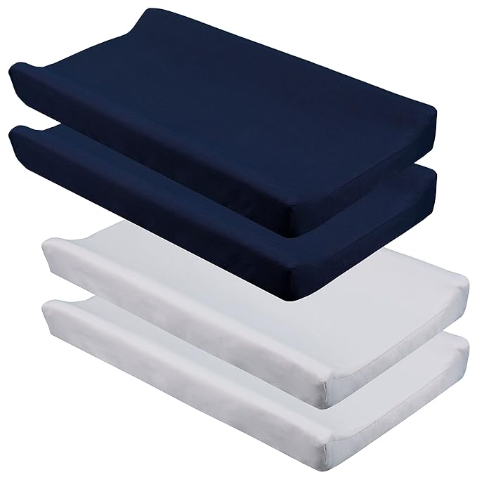 CaSaJa Diaper Changing Pad Cover for Baby Boys Set of 4, Snug Fit 4-Sided Contoured Changing Table Pad 16x31 16x32, Fitted Change Pad Sheet Gray and Navy, 100% Silky Soft Breathable Microfiber