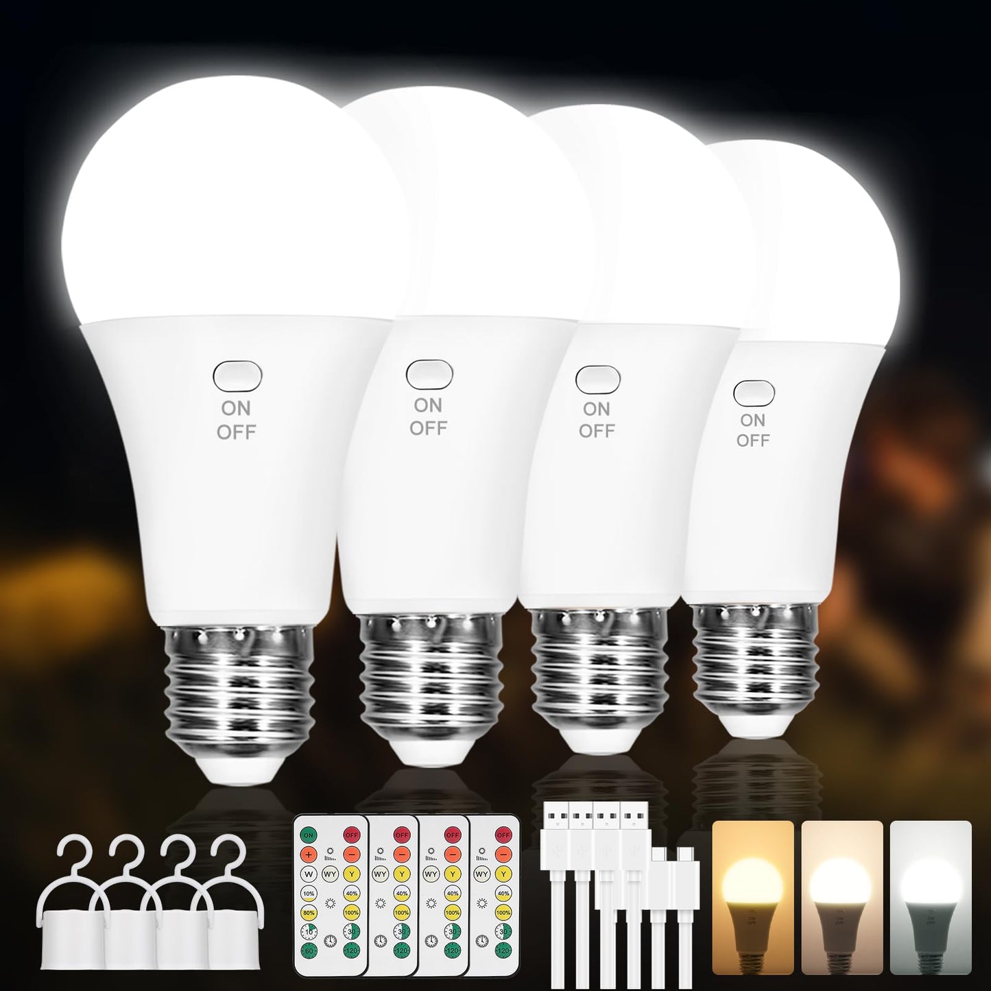 Kimjo 4 Pack Rechargeable Light Bulbs with Remote, Keep Lighting During Power Outage, 2600mAh Emergency Battery Operated Light B