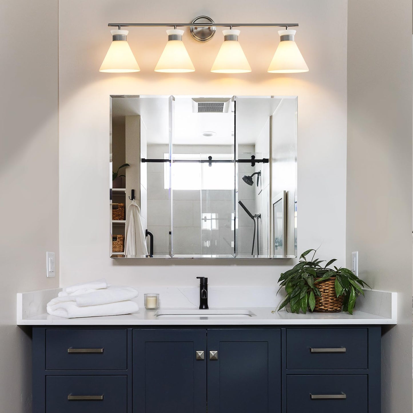 Woshitu Bathroom Light Fixtures: Brushed Nickel 4 Lights Bathroom Vanity Lights Over Mirror With Milky White Frosted Glass Shade  36 Inch Farmhouse Vanity Lighting Sconce (Exclude E26 Bulb)
