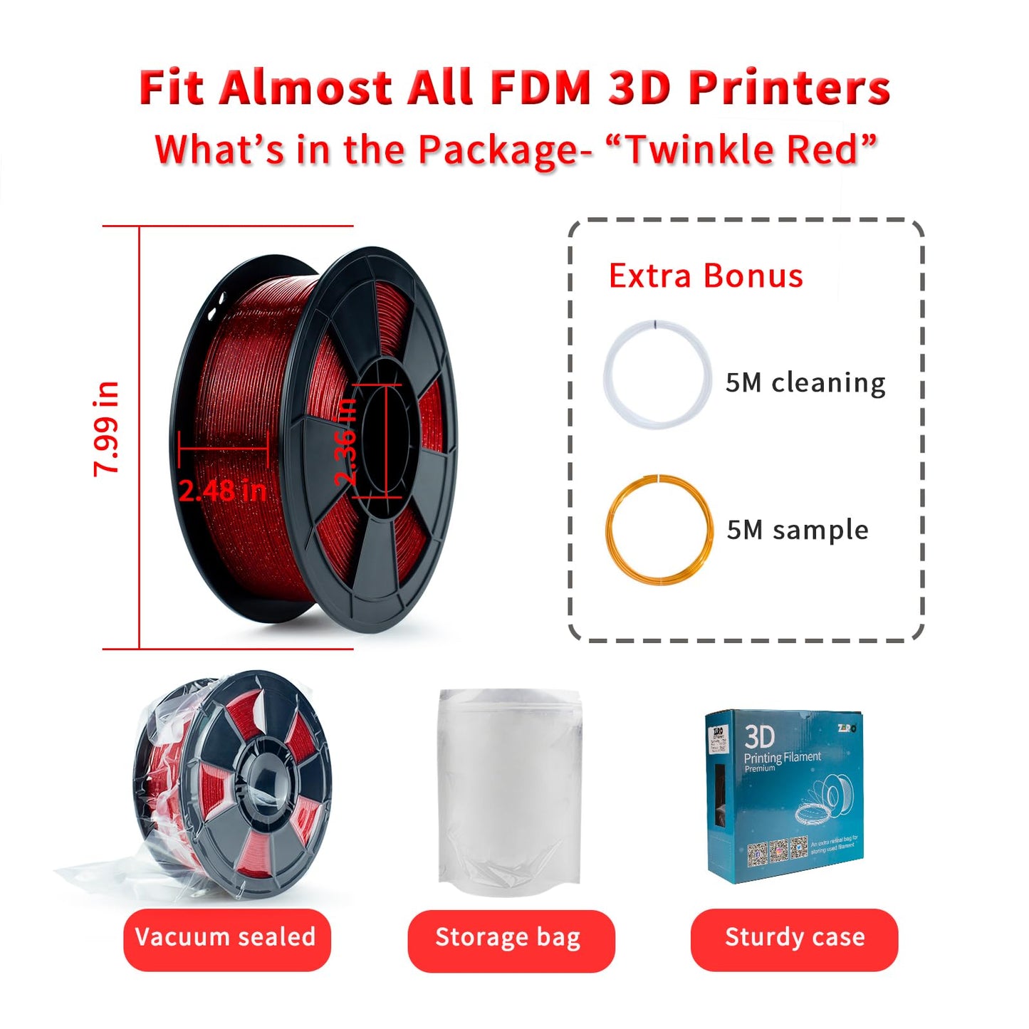 ZIRO Glitter PLA Filament 1.75mm, Semi-Transparent PLA Base, 3D Printer Filament Shiny Sparkle Material with Glitter, Twinkle Series 1KG Spool, fit Most FDM 3D Printers, Twinkling Red