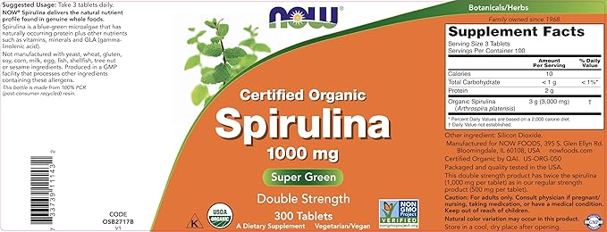 NOW Foods Organic Spirulina 1000mg Tablets - 300 Count (Pack of 2) - Non-GMO, Super Green Whole Food Supplement - Double Strength 1000 mg - Naturally Occurring Beta-Carotene (VIT A), B-12 and GLA