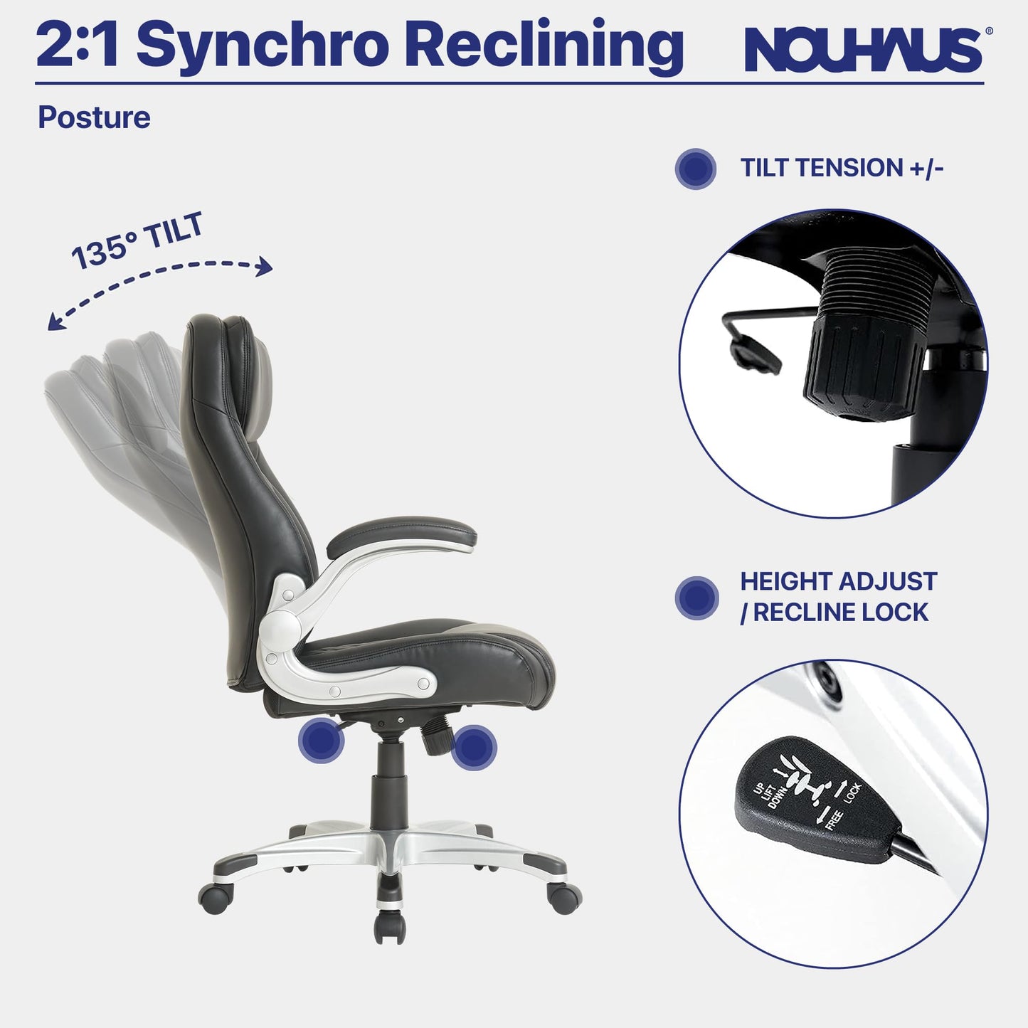 Nouhaus +Posture Ergonomic PU Leather Office Chair. Click5 Lumbar Support with FlipAdjust Armrests. Modern Executive Chair and Computer Desk Chair (Black)