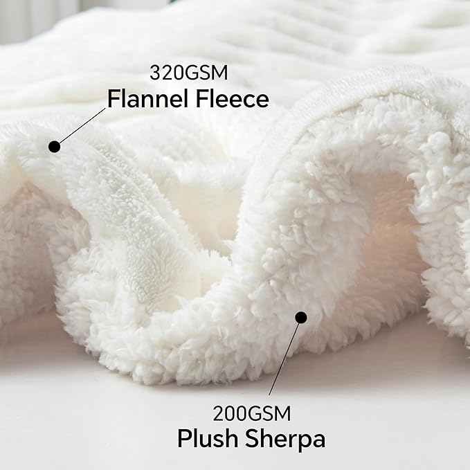 INFIIXSO Sherpa Fleece Queen Size Blanket - Super Soft & Warm Striped Fleece, Cozy Plush Fluffy Large Bed Blanket All Season Use (Off White, 90x90 Inches)