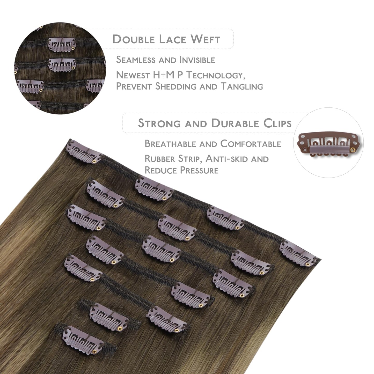 WENNALIFE Clip in Hair Extensions - Real Human Hair, 24 Inch 120g 7pcs, Light Ash Brown to Warm Chocolate Highlighted Caramel Bl