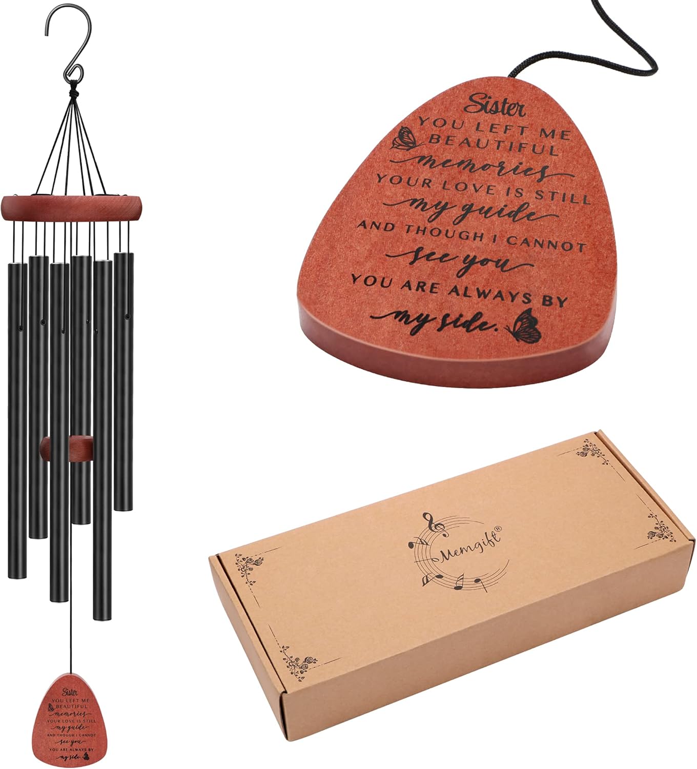 Memgift Memorial Wind Chime for Loss of Sister - Sympathy Gift for Bereavement - Outdoor Wind Chimes for Loved One - 32 Inch Solid Beech Wood Remembrance Chime for Garden & Patio
