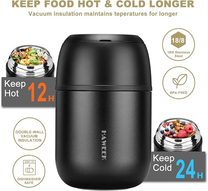 Insulated Soup Thermo 17oz - Stainless Steel Vacuum Lunch Box for Adults, Kids Leakproof Hot Food Container with Handle Folding Spoon (School Office Outdoor)