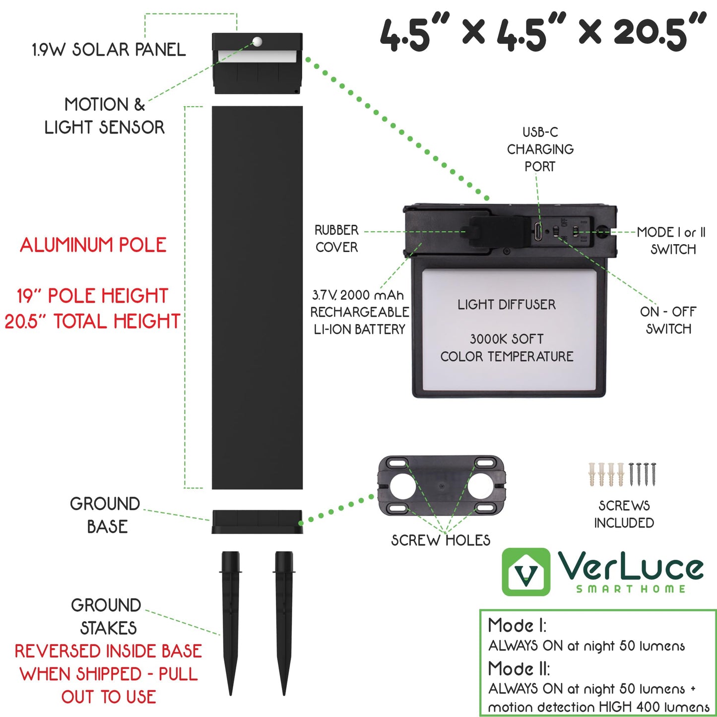 Verluce - Solar Pathway Lights - Walkway Solar Lights For Outside - Pir Sensor & Two Lighting Modes - Rechargeable Battery Lasts Up To 55 Hours - 3000K - Ip44 Weather Resistant - 4 Pack - 20.5 Height