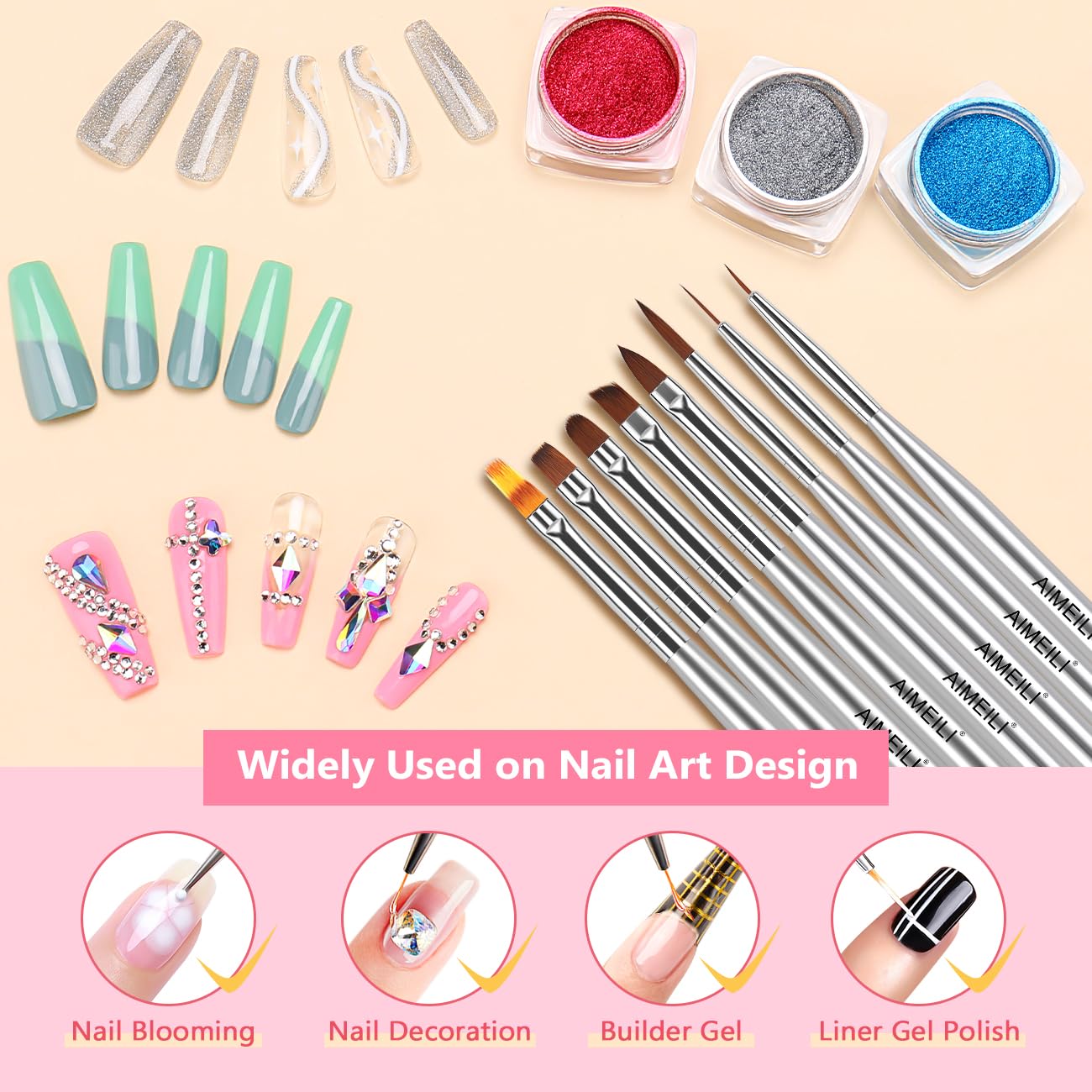 AIMEILI Nail Art Brushes for Nail Polish Gel, 8 Pcs Fingernail Art Design Pens, Dotting Pen Clean Up Liner French Nail Brush DIY
