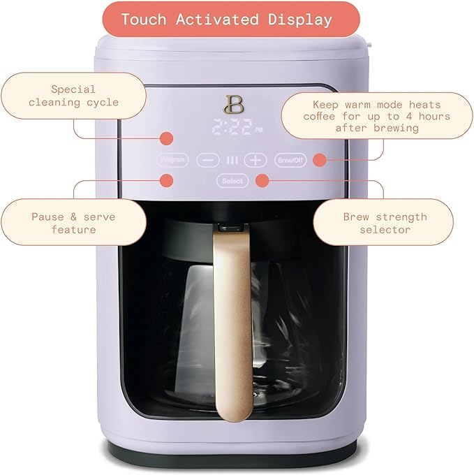 Beautiful by Drew Barrymore 14 Cup Programmable Drip Coffee Maker, Touch-Activated Display, Fast 14-Min Brew, Bold Strength, Keep Warm 4hrs (Lavender)