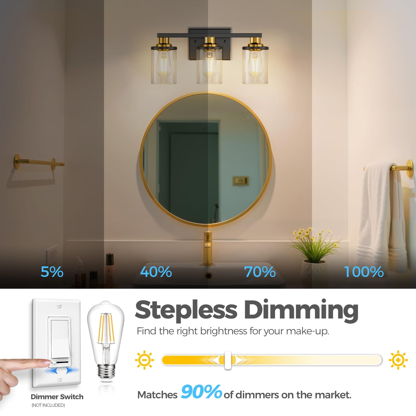 Doresshop 17 Inch Bathroom Light Fixtures  3-Light Black And Gold Bathroom Lighting Fixtures Over Mirror With Glass Shade  Modern Vanity Lights For Hallway Bedroom  Includes Bulbs