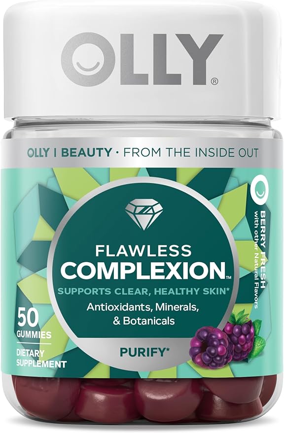OLLY Goodbye Stress Gummy, 60 Count & Flawless Complexion Gummy, 50 Count Skin Support Supplement Bundle