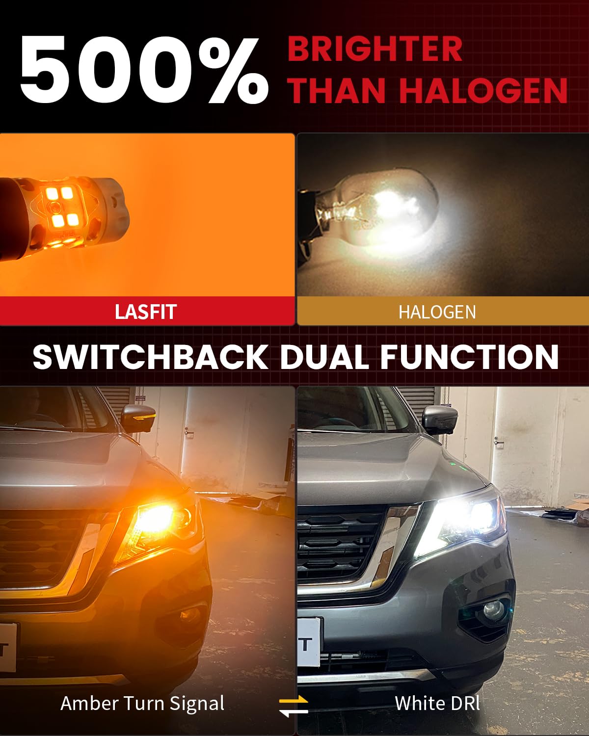 LASFIT 3157 LED Bulb Switchback, White Amber, CANBUS, Plug and Play, Model TSR-3157D-Y/W, Pack of 2