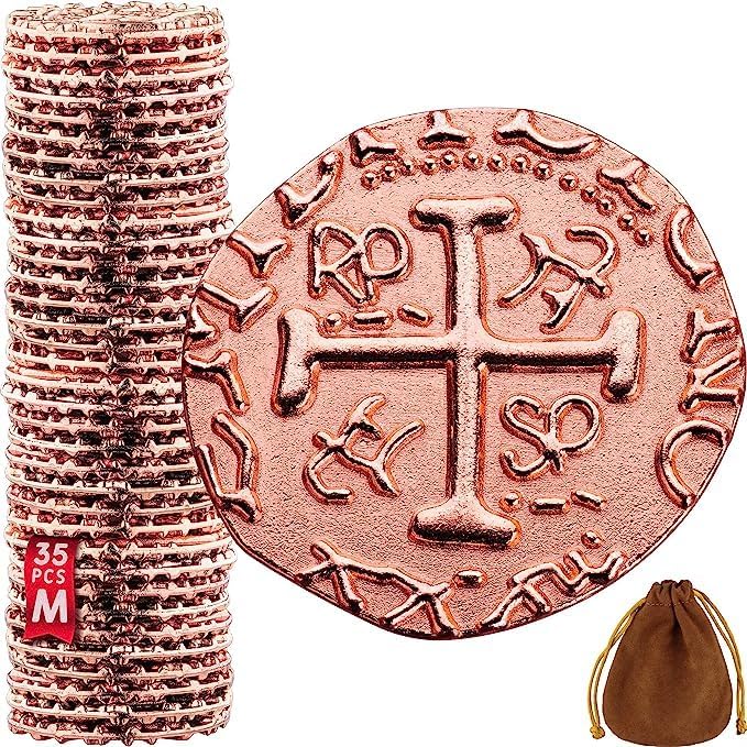 Large Metal Pirate Coins - 35 Rose Gold Treasure Coin Set, Metal Replica Spanish Doubloons for Pirate Party Decorations & Favors, Tokens, Toys, Cosplay - Pirate Treasure Chest - Size 0,98"