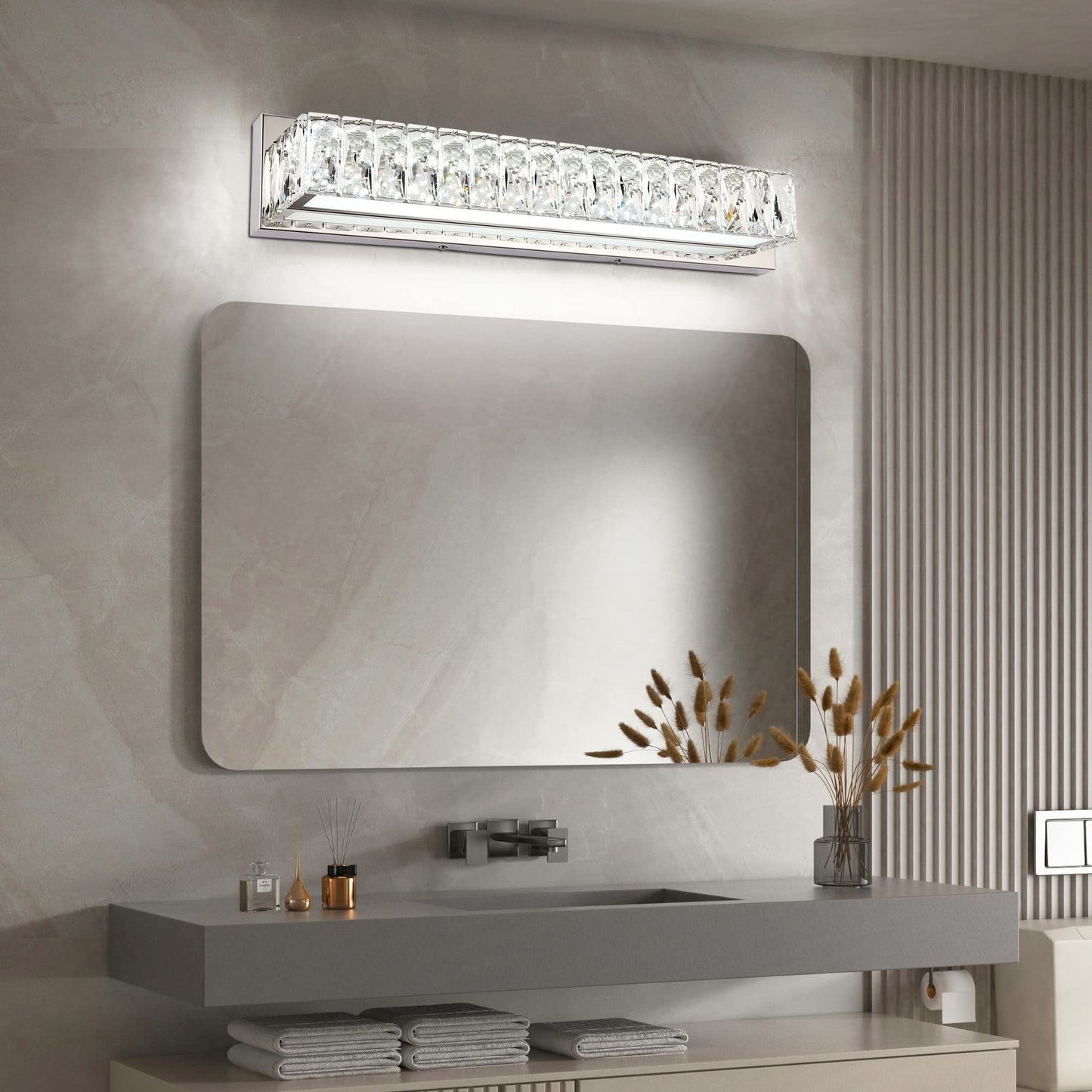 ZUZITO 30 Inch LED Bathroom Vanity Lighting Fixture, Polished Chrome with K9 Crystals, Dimmable, Model 7500-760mm-6200k