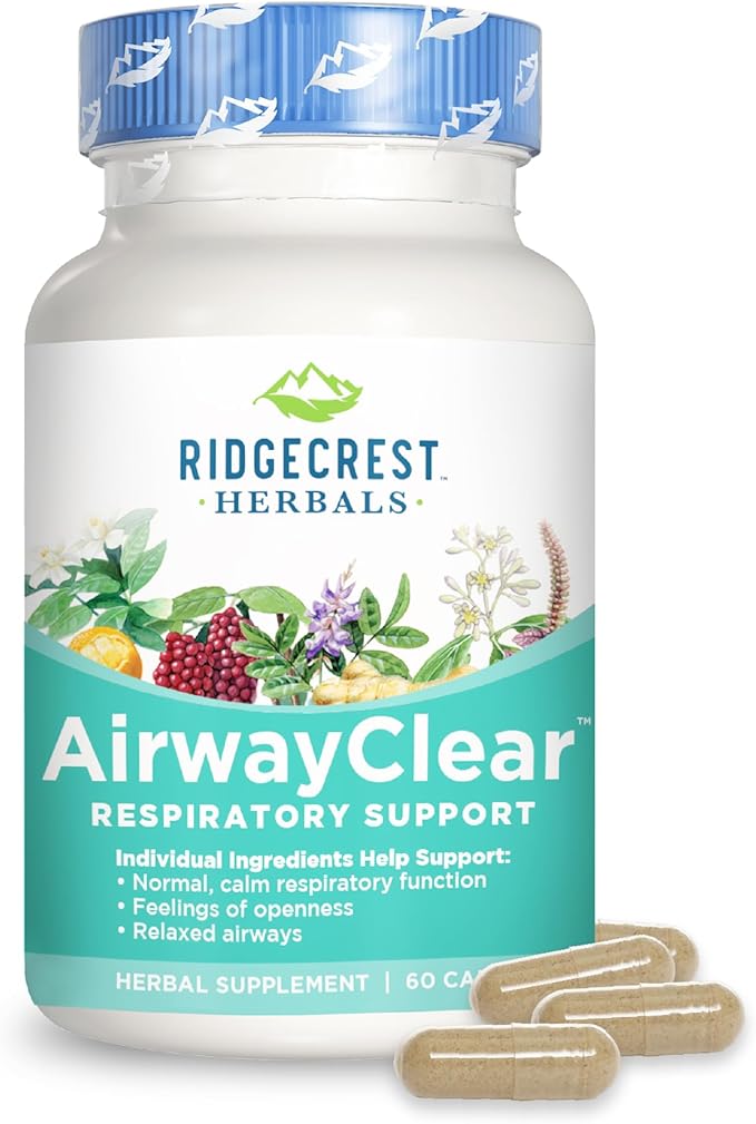 Ridgecrest Herbals AirwayClear, Lung Health and Breathing Support Supplements with Schisandra Fruit, Cassia Bark and Ginger Root, Sinus, Mucus Support, Gluten Free (60 Vegan Caps, 30 Serv)