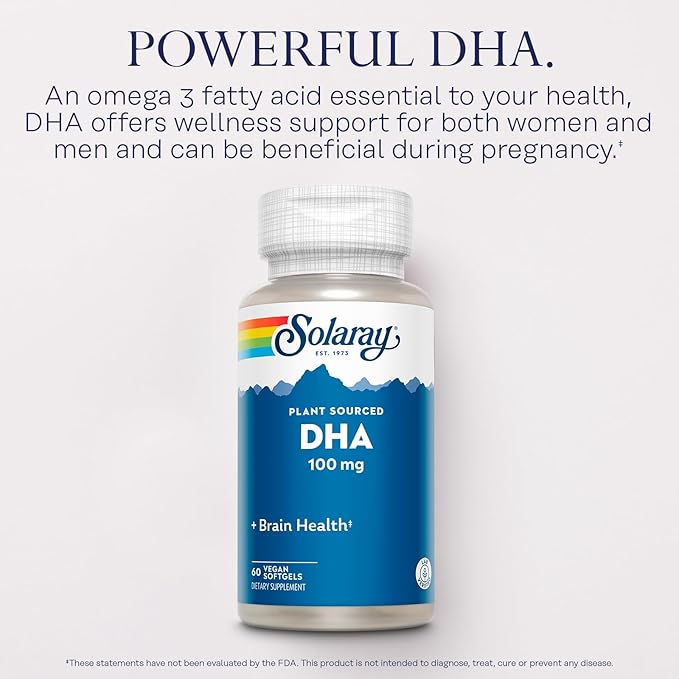 SOLARAY DHA Supplements 100 mg - D H A Omega 3 Fatty Acids for Wellness Support, Prenatal DHA Omega 3 Supplement - Plant Sourced from Algae Oil - 60-Day Guarantee, 60 Servings, 60 Vegan Softgels