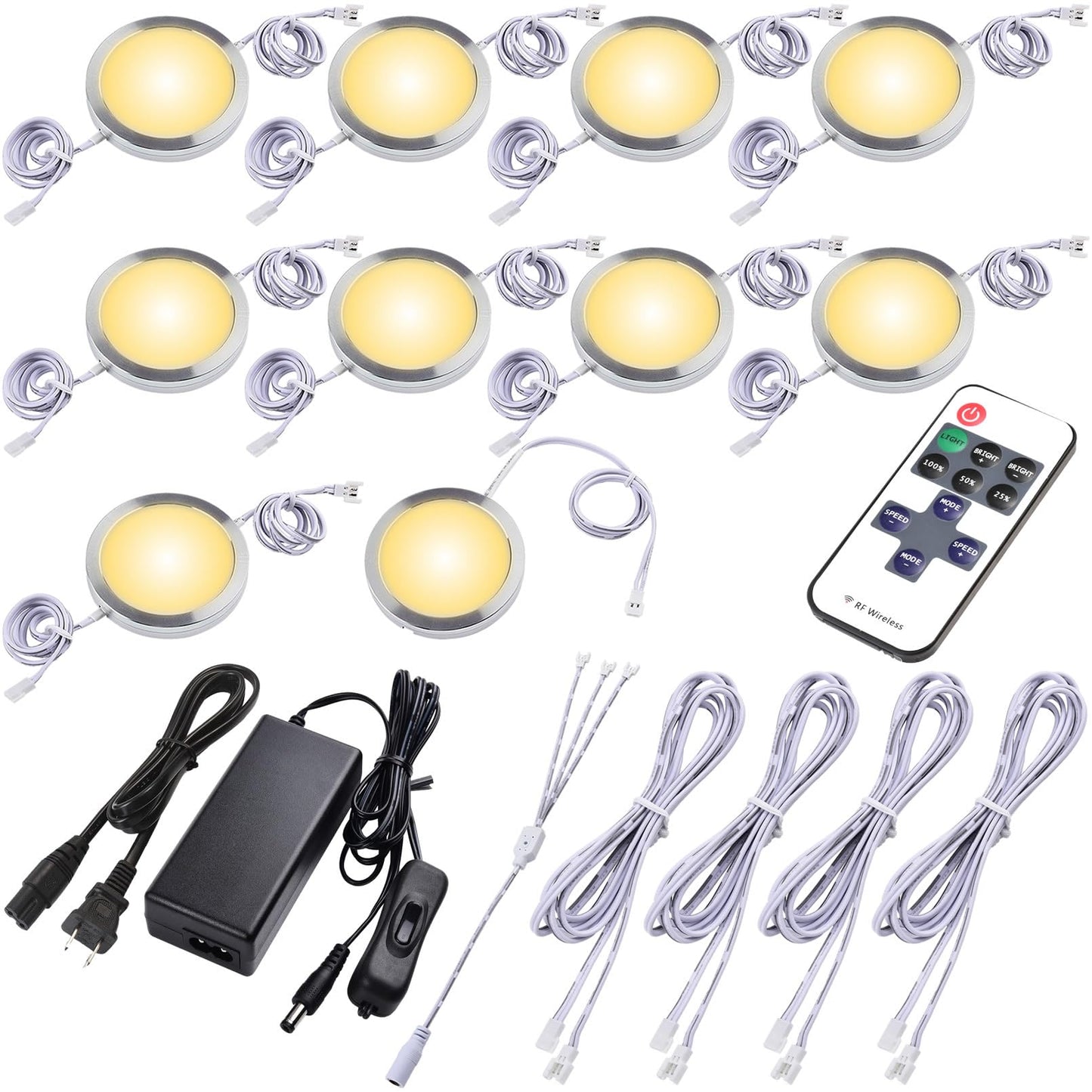 Lvyinyin Round LED Puck Lights Kit, Dimmable, Wireless RF Remote, 10 Lights, Warm White, Aluminum, Hardwired & Plug-in