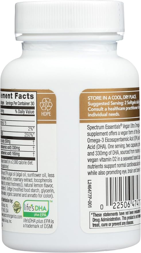 Spectrum Essentials Soft Gels, Vegan Ultra Omega-3 EPA and DHA with Vitamin D, 60 Count