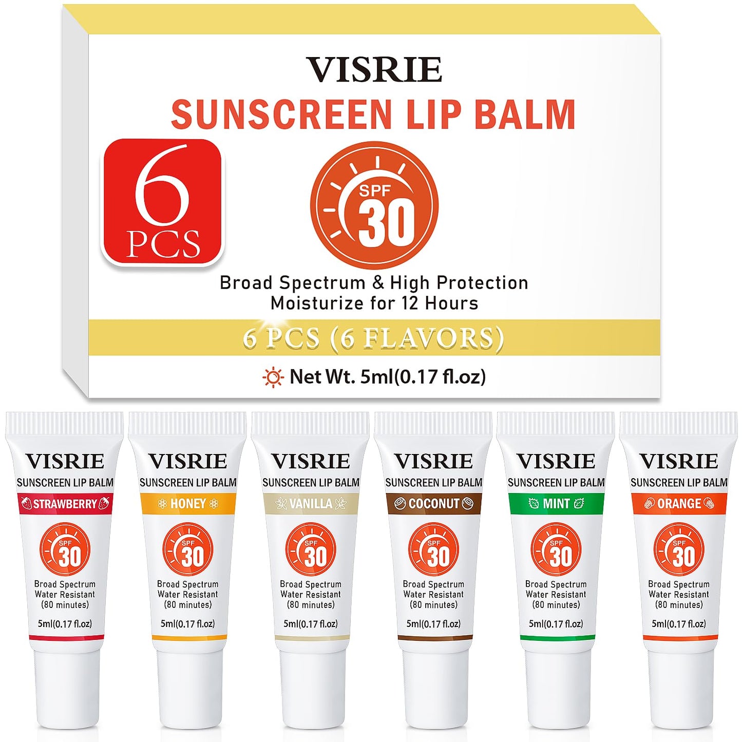 VISRIE SPF 30 Lip Sunscreen, SPF Lip Balm Bulk 6 Pack, Moisturizing Sunscreen Lip Balm with Vitamin E and Shea Butter, Non-Stick