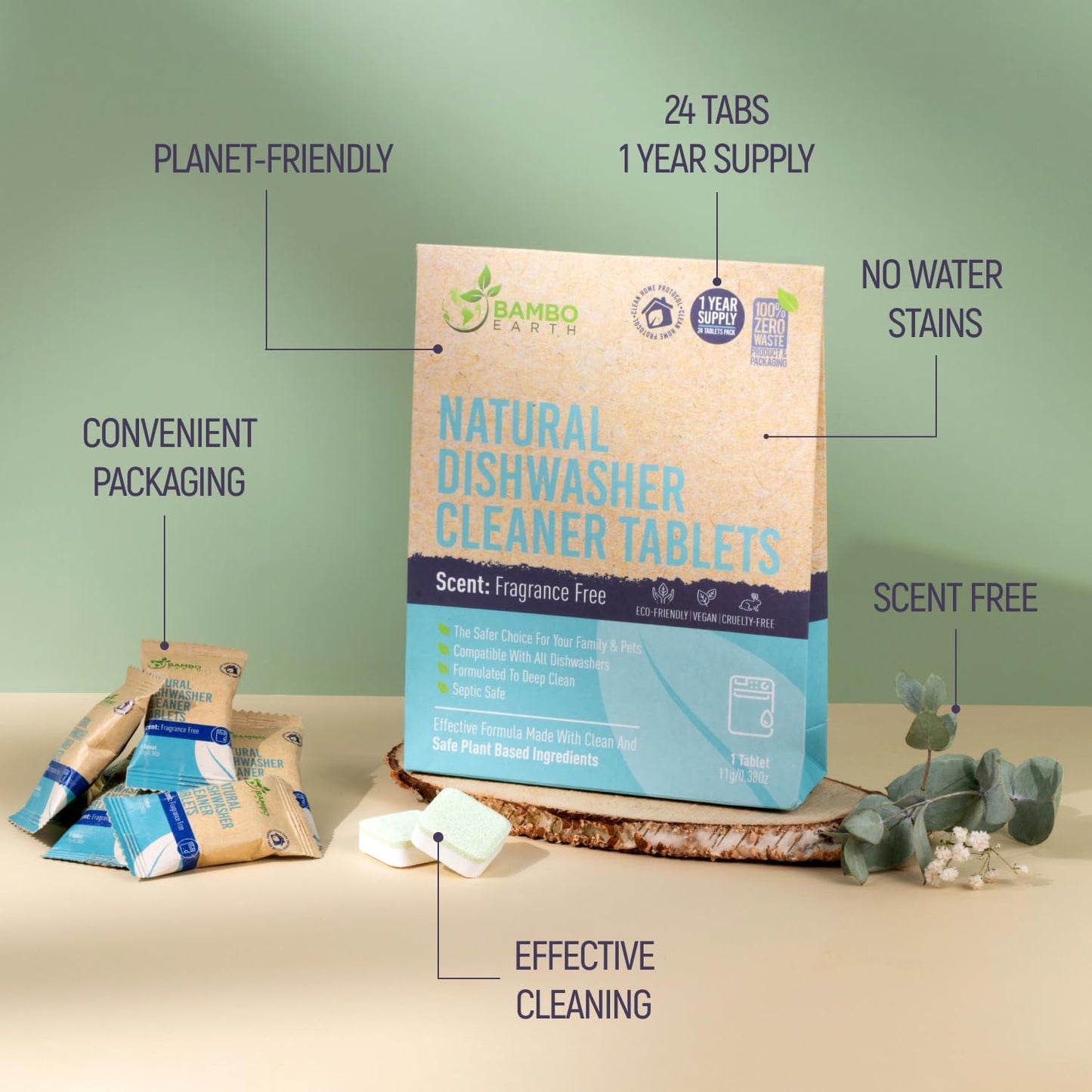 Natural Dishwasher Machine Cleaner Tablets - Plant Based Alternative Refill Dishwashing Detergent Tabs - Eco-Friendly And Plastic Free Way For Clean Dishwasher - 24 Pack Refills Dish Washer Soap Pods
