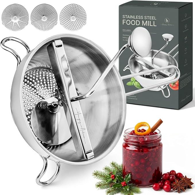 Ergonomic Food Mill Stainless Steel With 3 Grinding Discs - Rotary Food Mill for Tomato Sauce, Applesauce, Puree, Mashed Potatoes, Jams, Baby Food