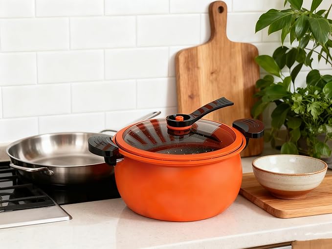 Micro Pressure Cooker, Multifunctional Large Capacity Non-stick Pressure Cooker, 8QT, Non-Stick Surface, Visual Glass Lid, Safety Valve, for All Stovetops (Orange)